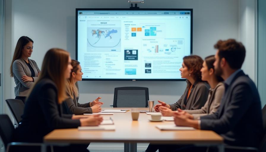 Ospitalità Digitale team engaged in a collaborative brainstorming session in their modern Florence office